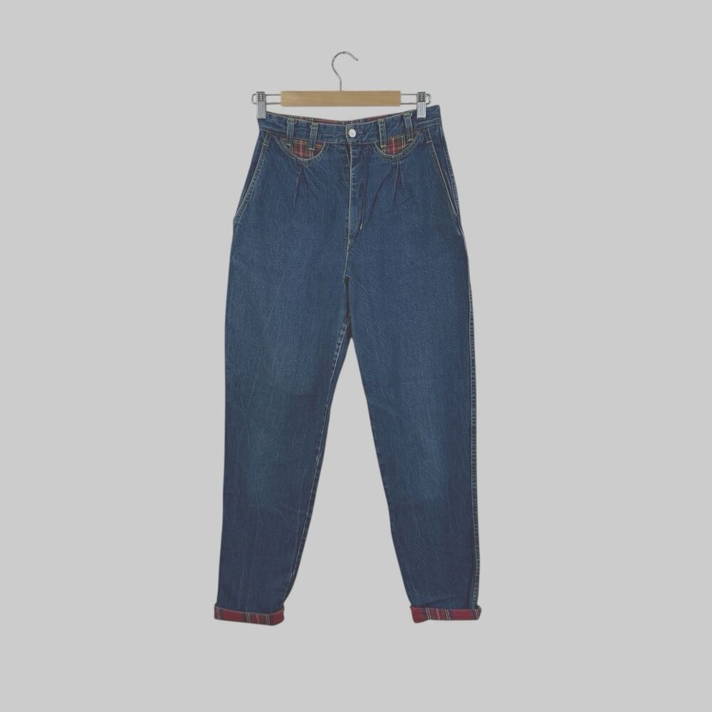 Vintage North West Blue Company 10 Mom Jeans Plaid Red Flannel Trim Womens READ